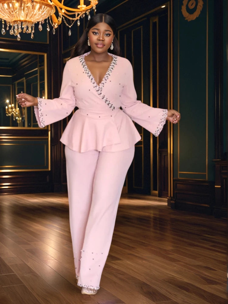 FZ Women's V Neck Long Sleeves Beaded Straight Full Length One Piece Casual Jumpsuit