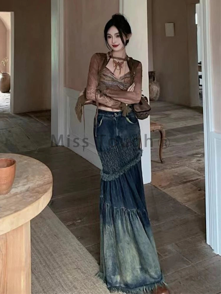 FZ Women's Patchwork Fishtail High Waist Retro Vintage Denim Skirt DSers