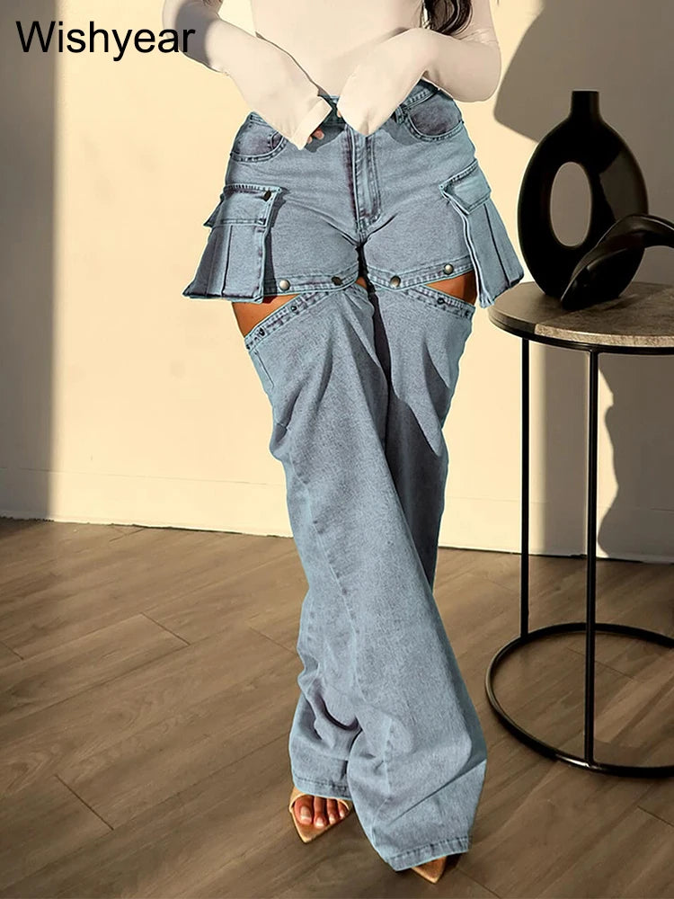 FZ Women's Stretch Detachable High Waist Hollow Out Denim Pants - FZwear