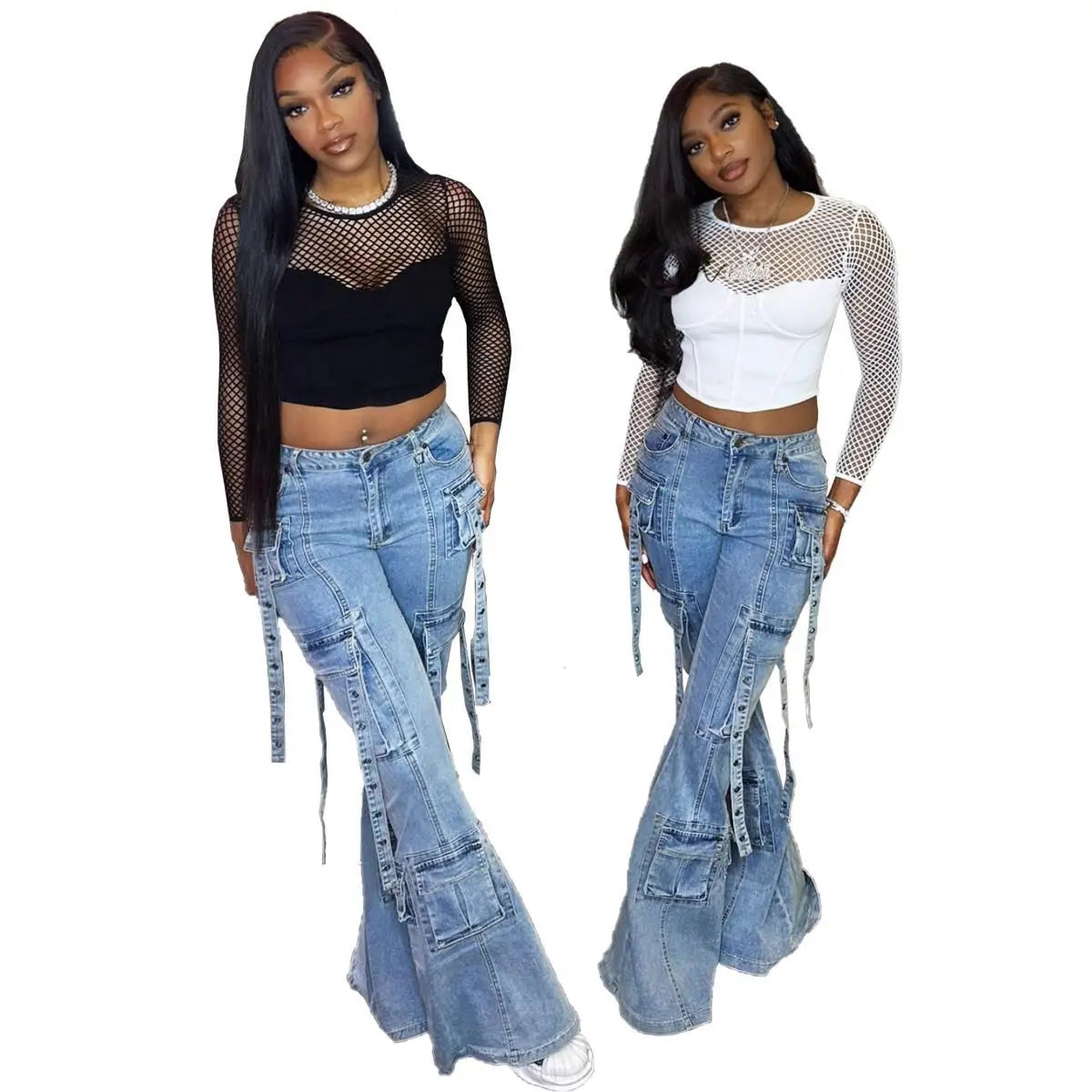 FZ Women's Multi Pockets High Waist Flare Denim Pants