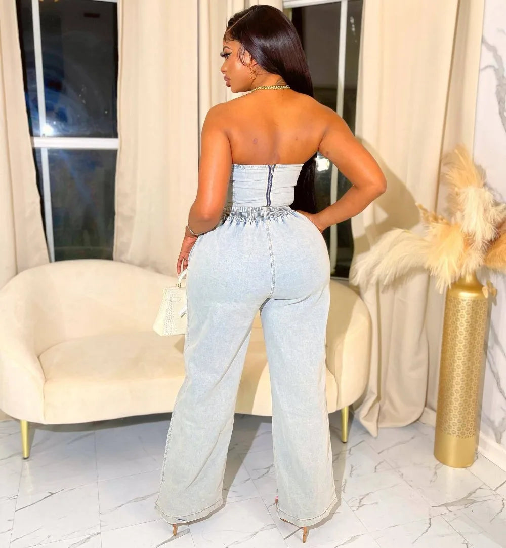 FZ Women's Off Shoulder Elastic Waist Wide Leg Denim Pants Suit - FZwear