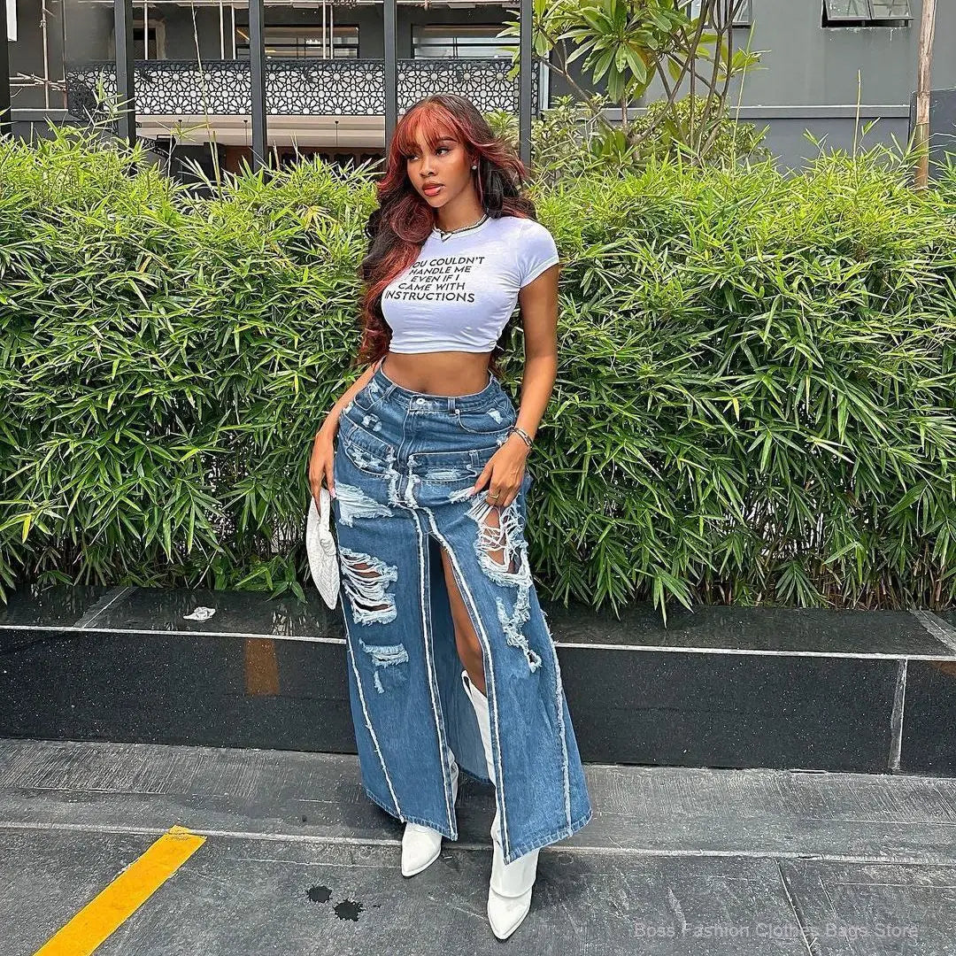 FZ Women's Worn-out Holes High Waisted Half Length Denim Skirt - FZwear