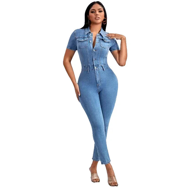 FZ Women's Commuter Slim Fit Pencil Tight Single-breasted Denim Jumpsuit