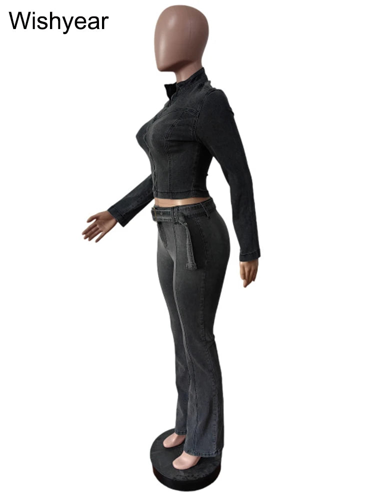 FZ Women's Vintage Gray Stretch Pencil 2-Piece Denim Pants Suit