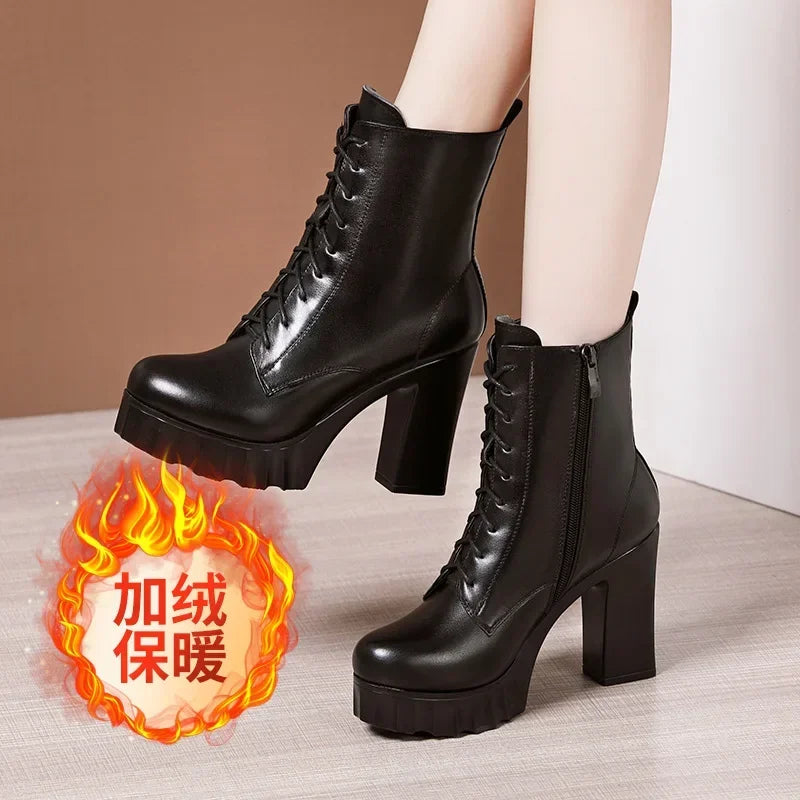 FZ Women's Block High Heels Warm Plush Thick Platform Ankle Boots