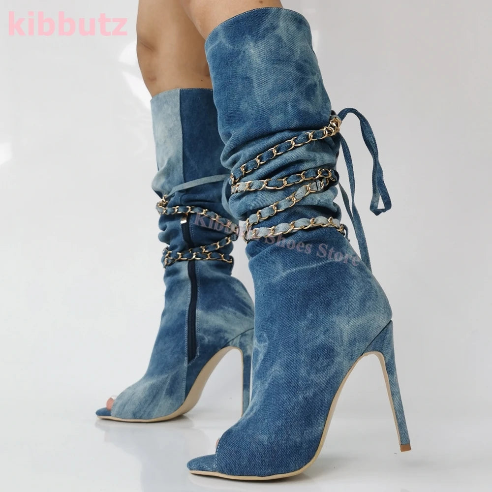 FZ Women's Metal Chain Cross Strap Open Toe Thin Heel Slip-On Denim Shoes