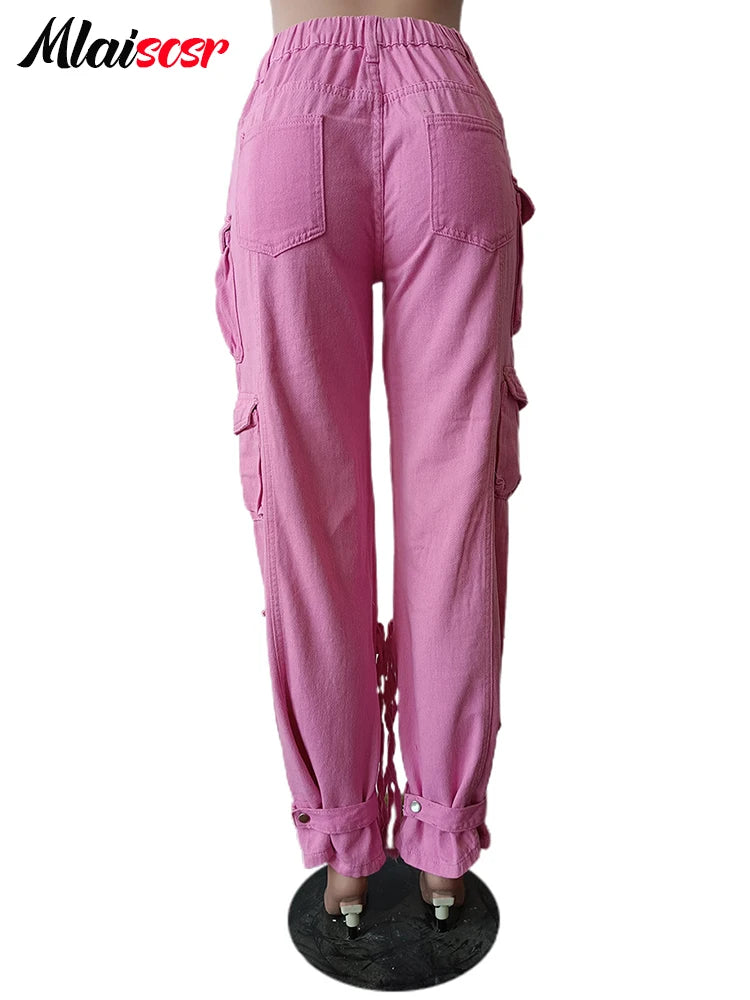 FZ Women's Multi Pockets Wide Legs Washed Street Vintage Denim Pants