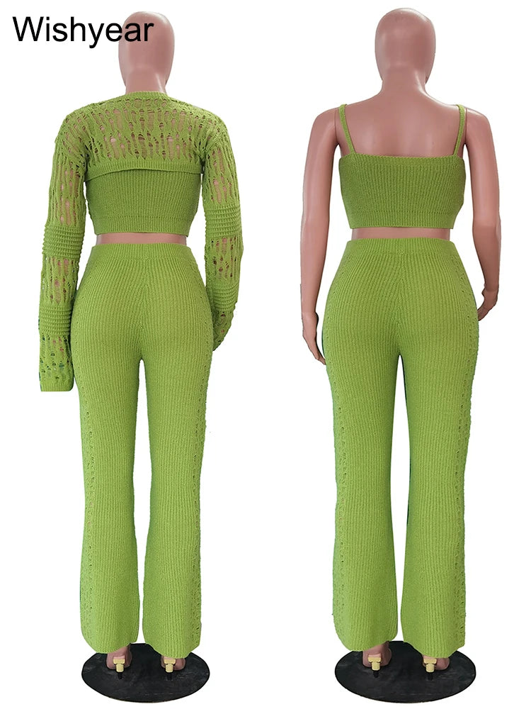 FZ Women's Hollow Out Skinny Long Sleeve Streetwear Knitted 3 Piece Pants Suits