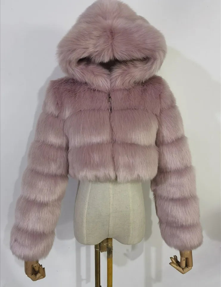 FZ Women's Faux Fur Thick Warm Hooded Open Stitch Short Coat Jacket