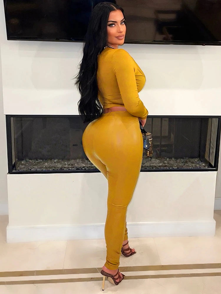 FZ Women's Cross Ruched Faux Leather Stretch Leggings 2 Piece Pants Suit