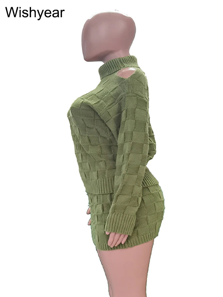 FZ Women's Long Sleeve Turtleneck Grid Knitted 2 Piece Mini Skirt Suit