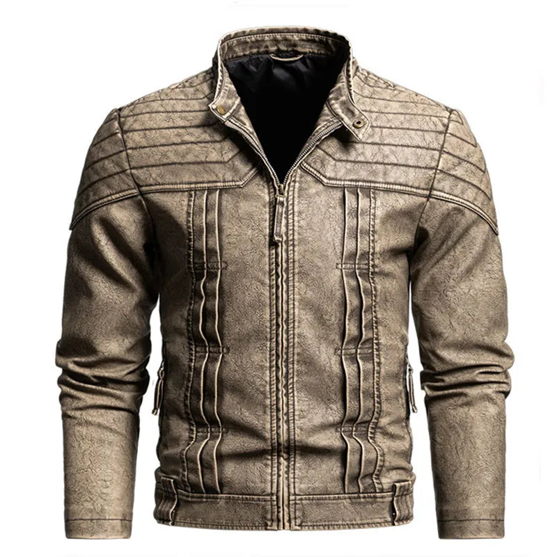 FZ Men's PU Leather Vintage Moto Biker Stand Collar Outwear Jacket