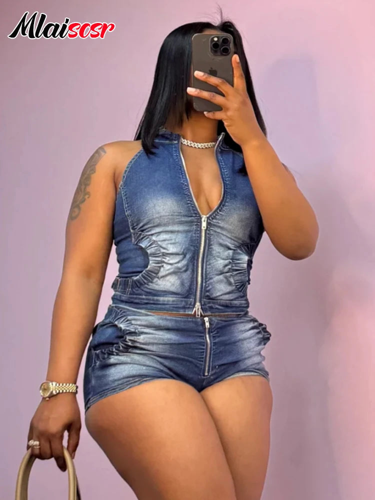 FZ Women's Sleeveless Zipper Streetwear Stretch Two Piece Denim Shorts Suit