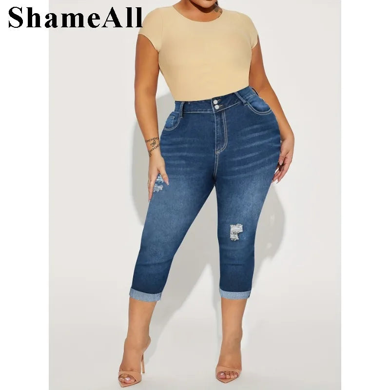 Women's Plus Size Casual Jeans, Washed Button Fly Ripped Roll Up Hem High Rise Skinny Capri Jeans FZwear