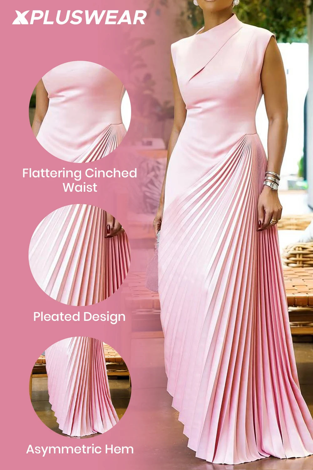 FZ Women's Plus Size Asymmetrical Collar Pleated Hem Maxi Dress