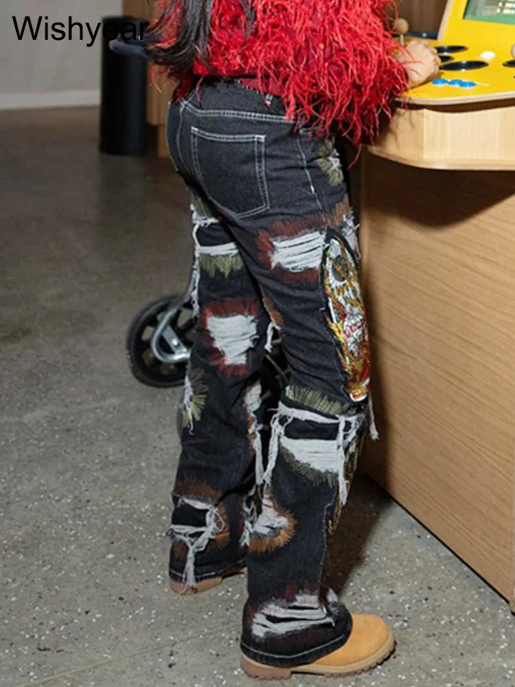 FZ Women's Embroidery Print Hole Stretch Cargo Denim Pants DSers