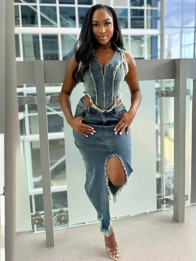 FZ Women's Sleeveless Zip Up Two Pieces Denim Skirt Suit