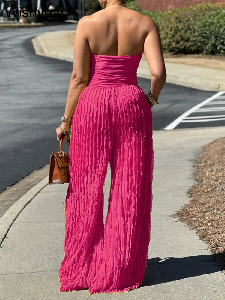 FZ Women's Ruched Strapless Wide Leg One Piece Jumpsuit