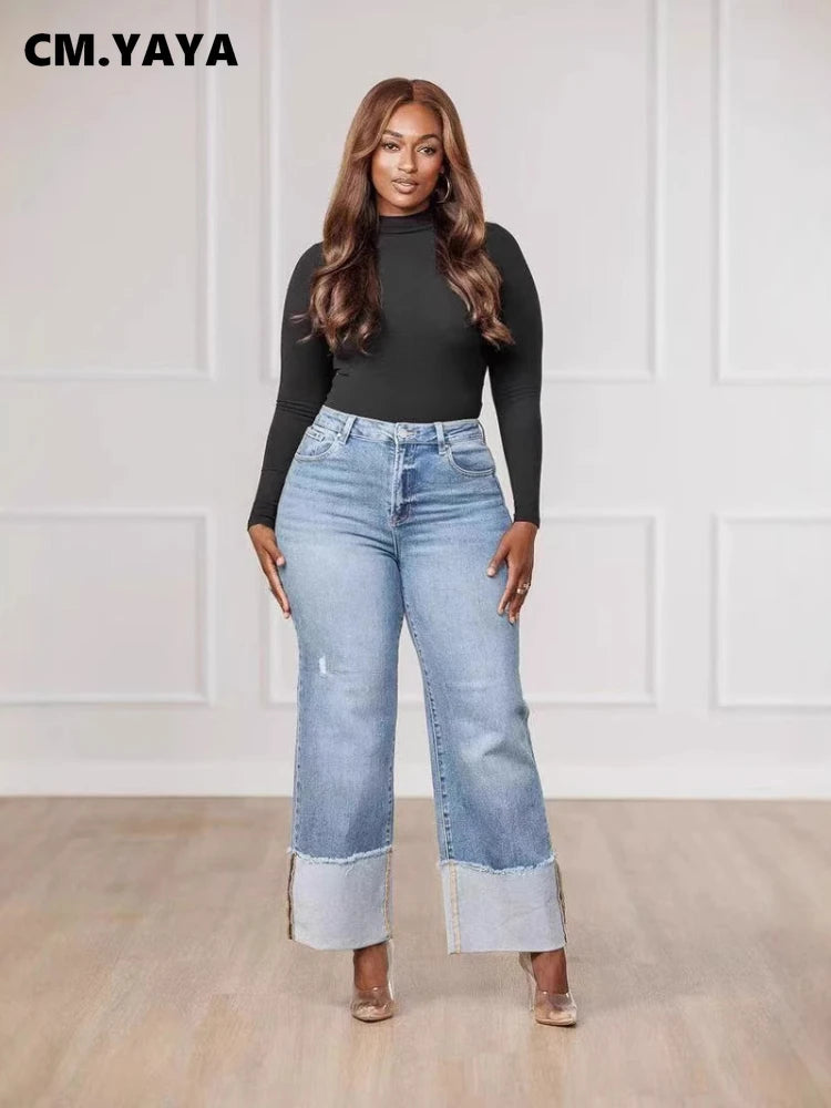 FZ Women's Streetwear Straight Washed Patchwork Wide Leg Ripped Denim Pants