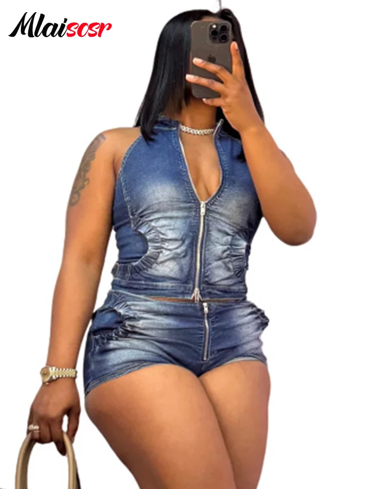 FZ Women's Sleeveless Zipper Streetwear Stretch Two Piece Denim Shorts Suit