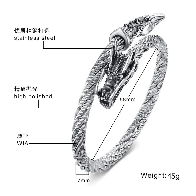 FZ Punk Viking Black Dragon Stainless Steel Vintage Open Cuff Bracelet - FZwear