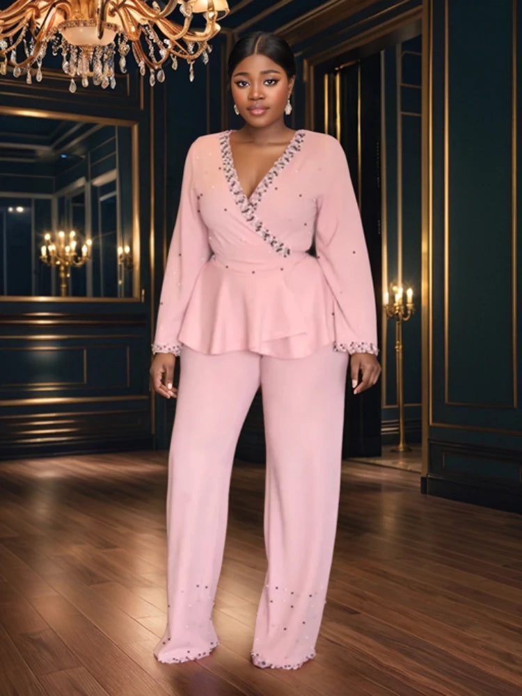 FZ Women's V Neck Long Sleeves Beaded Straight Full Length One Piece Casual Jumpsuit