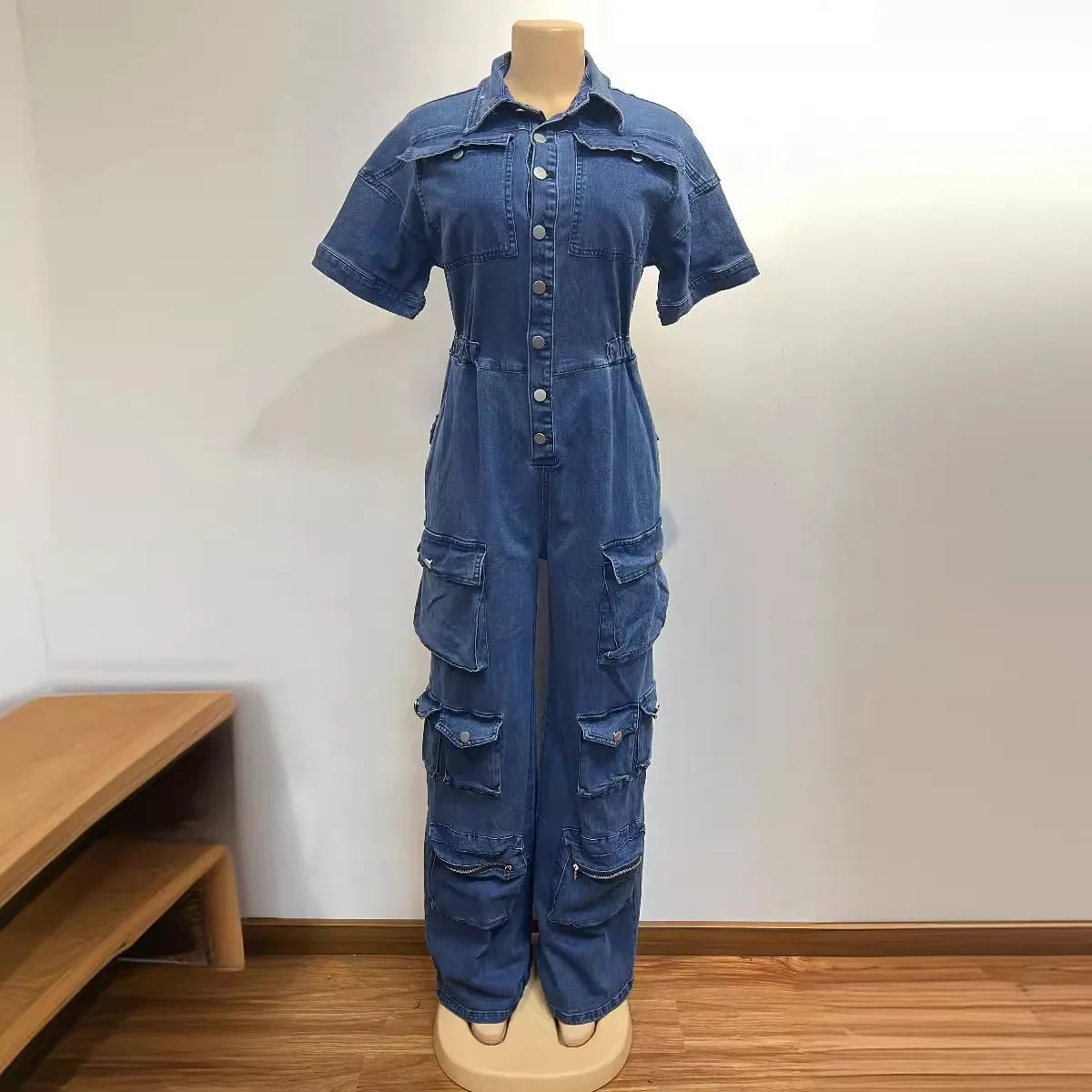 FZ Women's Casual Solid Cargo High Waist One Piece Denim Jumpsuit
