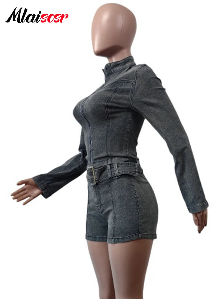 FZ Women's Jeans with Belt Two Pieces Streetwear Denim Shorts Suit