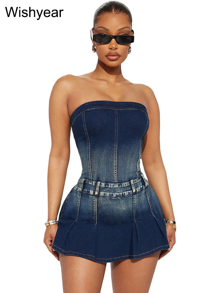 FZ Women's Off Shoulder Streetwear Short Strapless Denim Jumpsuit
