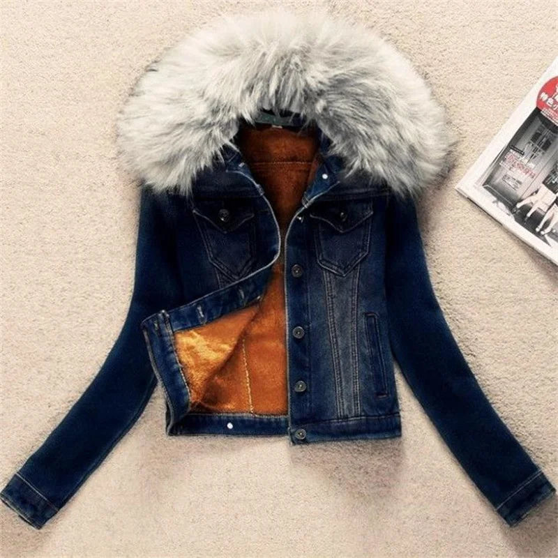 FZ Women's Big Fur Collar Short Coat Thicken Velvet Liner Fleece Denim Jacket