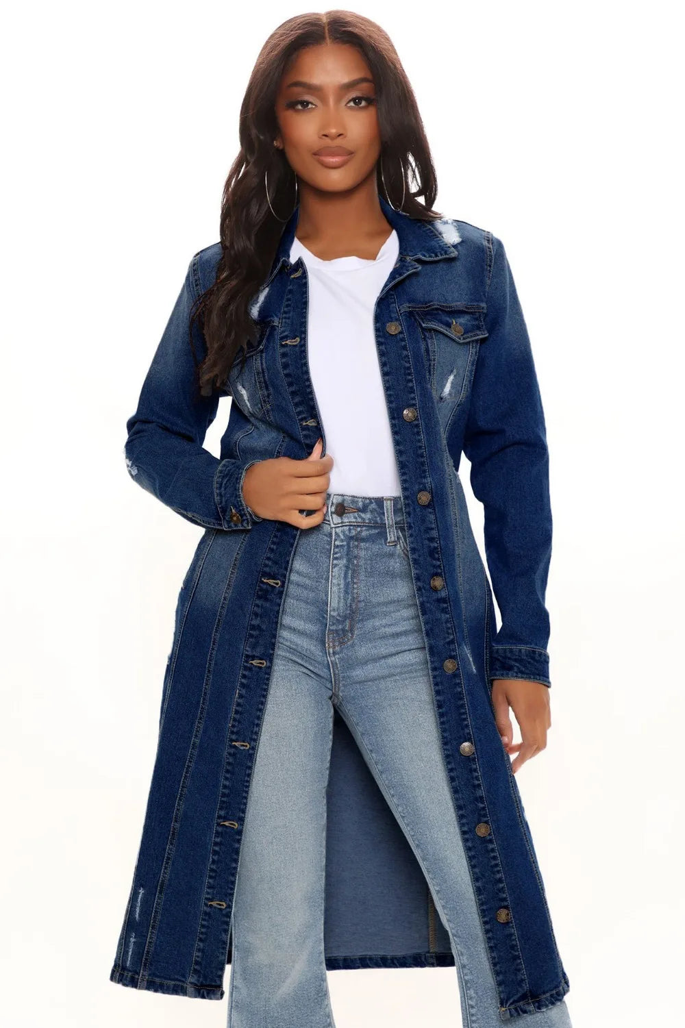 FZ Women's Hole Loose Turndown Collar Straight Denim Jacket - FZwear