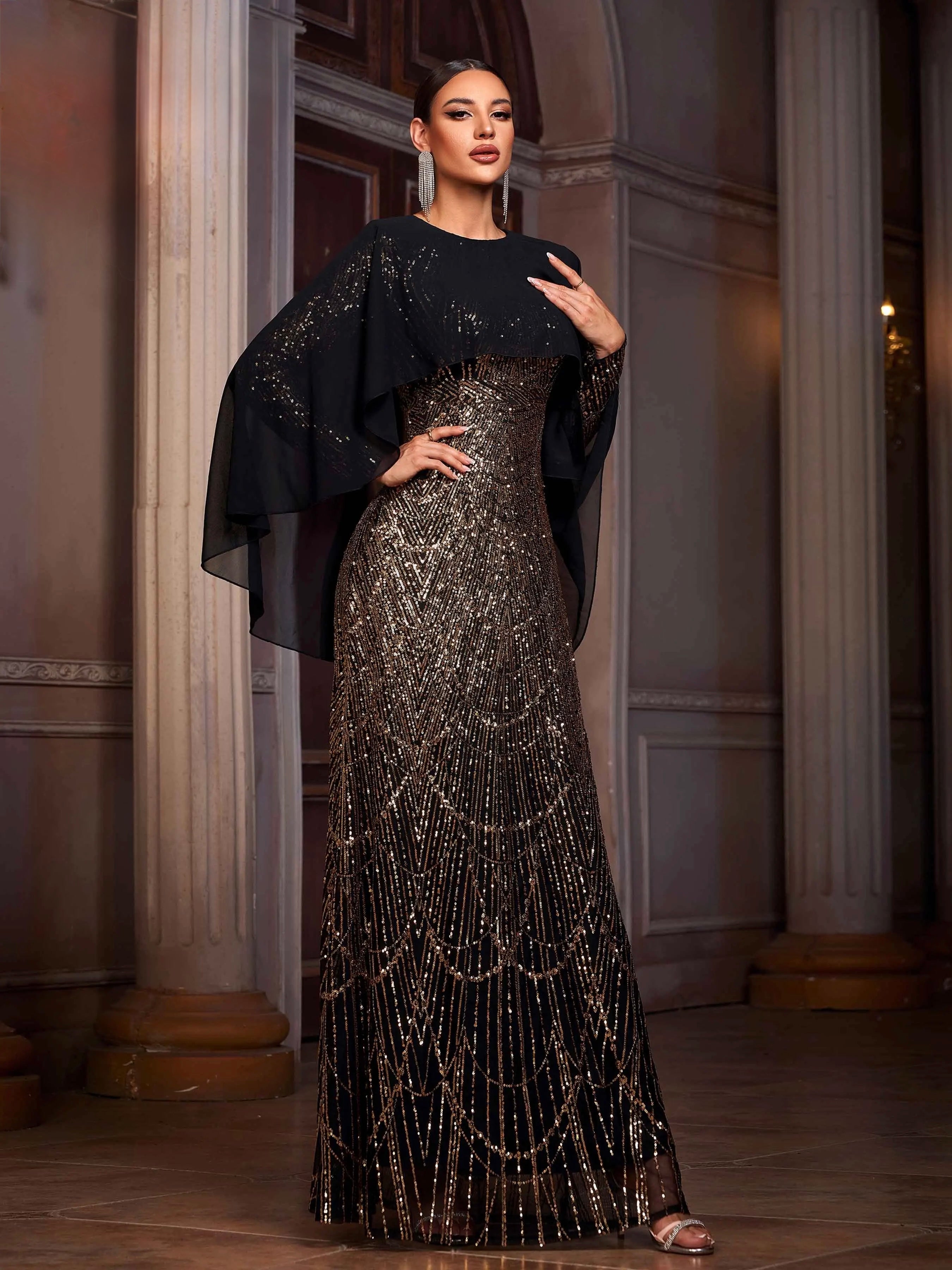 FZ Women's Round Neck A Line Sequin Batwing Sleeves Maxi Evening Dress