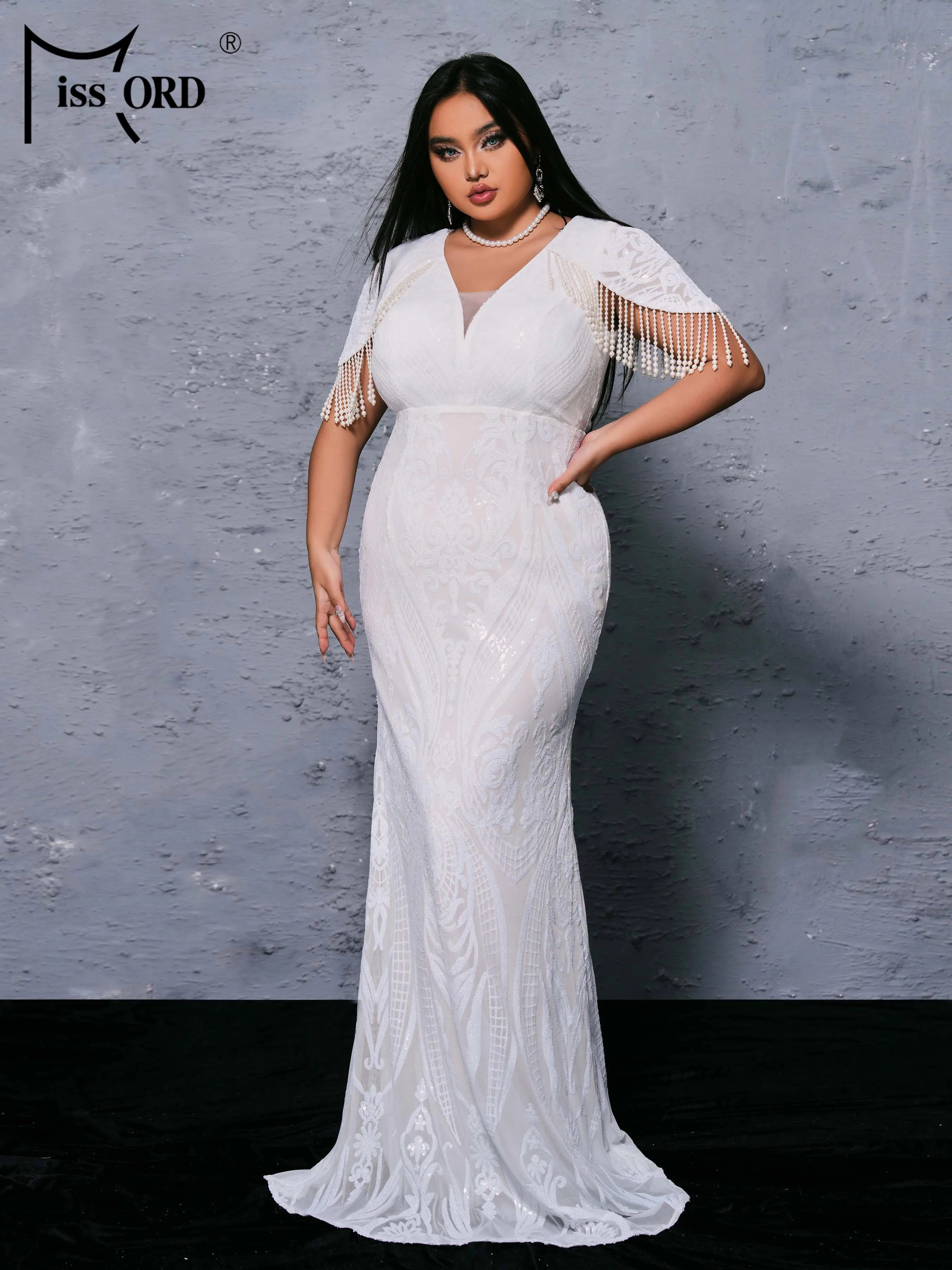 FZ Women's Plus Size V Neck Tassel Mermaid Evening Dress