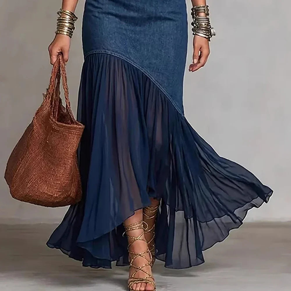 FZ Women's Vintage Patchwork Off Shoulder High Street Fishtail Denim Dress