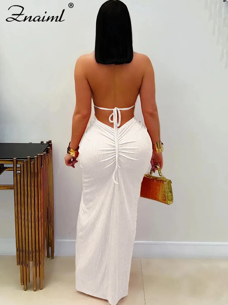 FZ Women's Halter Hollow Backless Slit Maxi Dress