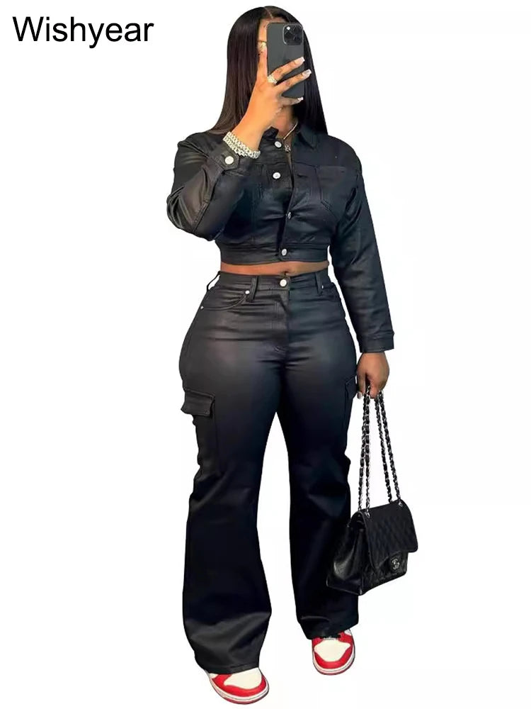 FZ Women's PU Leather Long Sleeve Button Flared 2 Piece Pants Suit