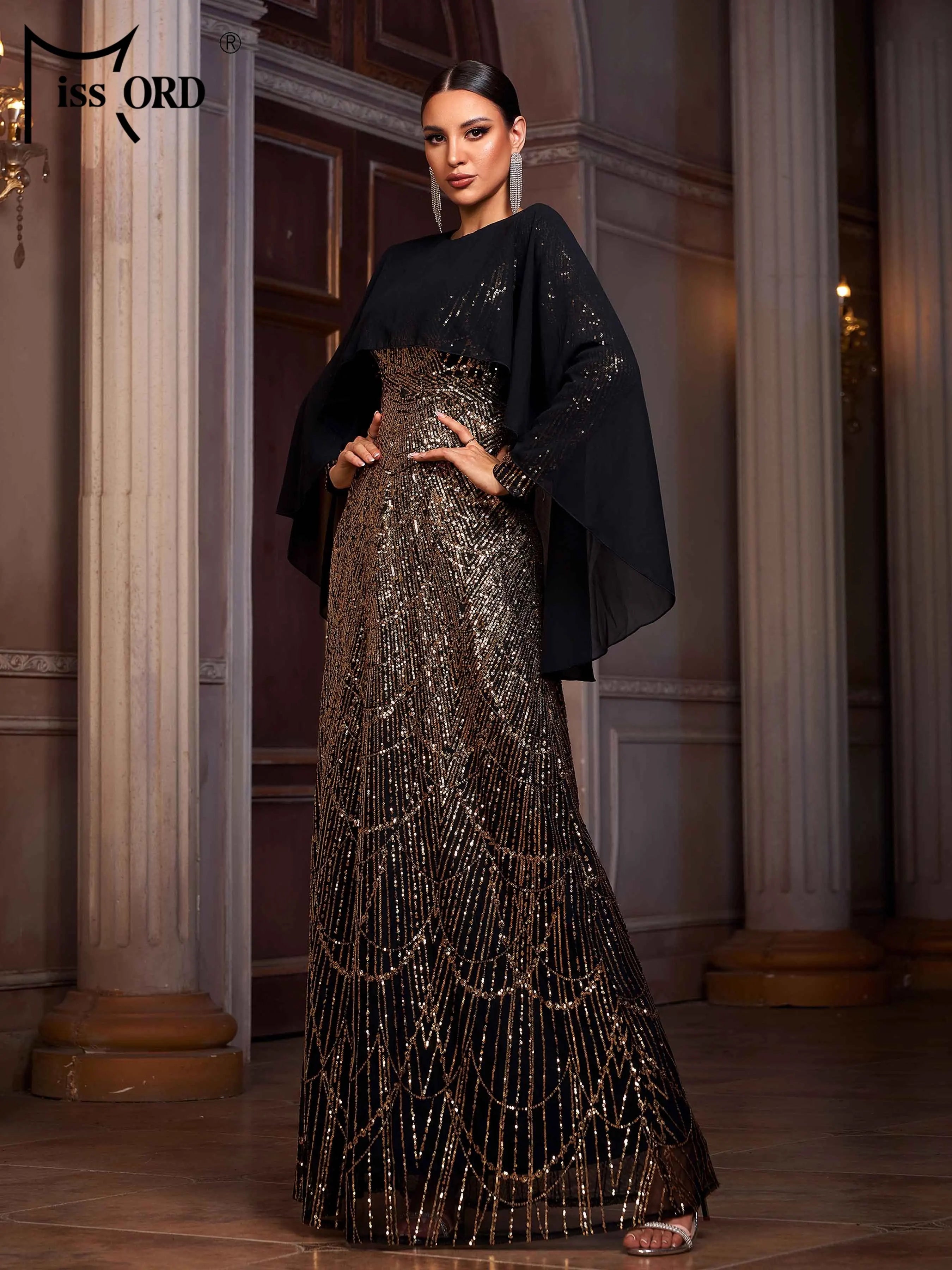FZ Women's Round Neck A Line Sequin Batwing Sleeves Maxi Evening Dress