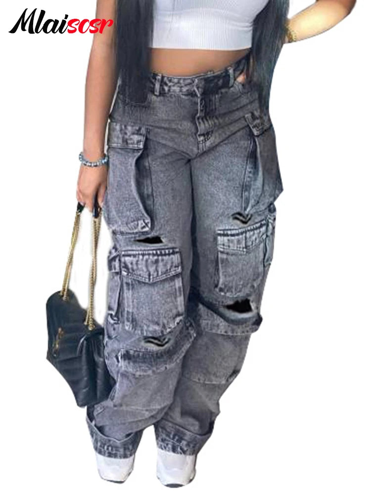 FZ Women's Multi Pockets Wide Legs Washed Street Vintage Denim Pants