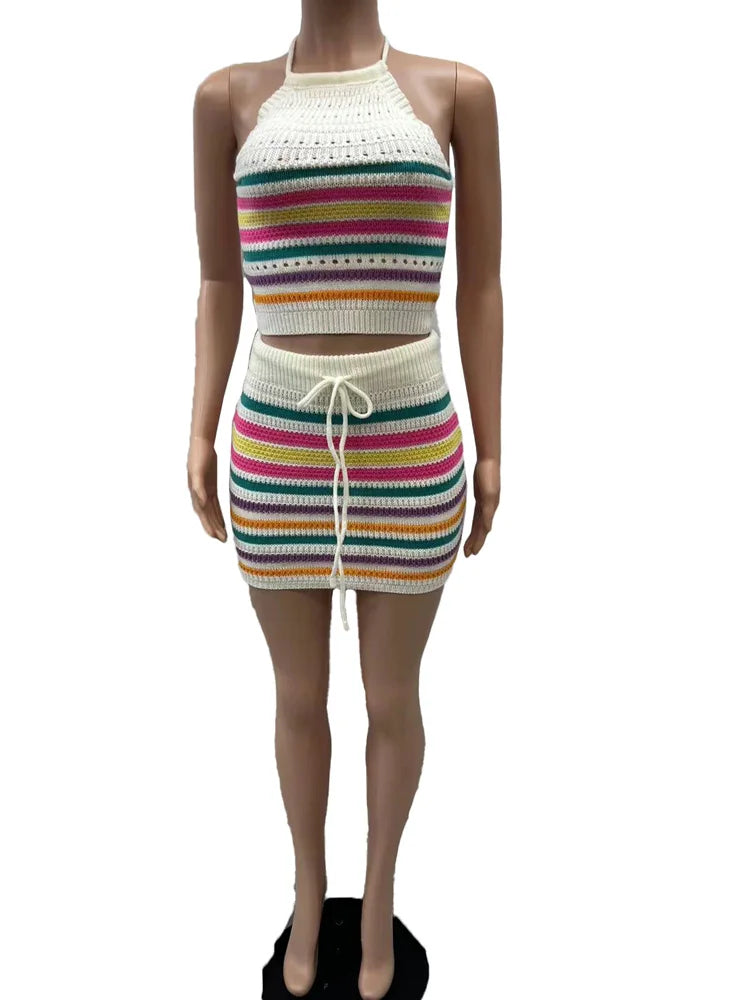 FZ Women's Striped Knitting Halter Lace-Up Two Piece Skirt Suit