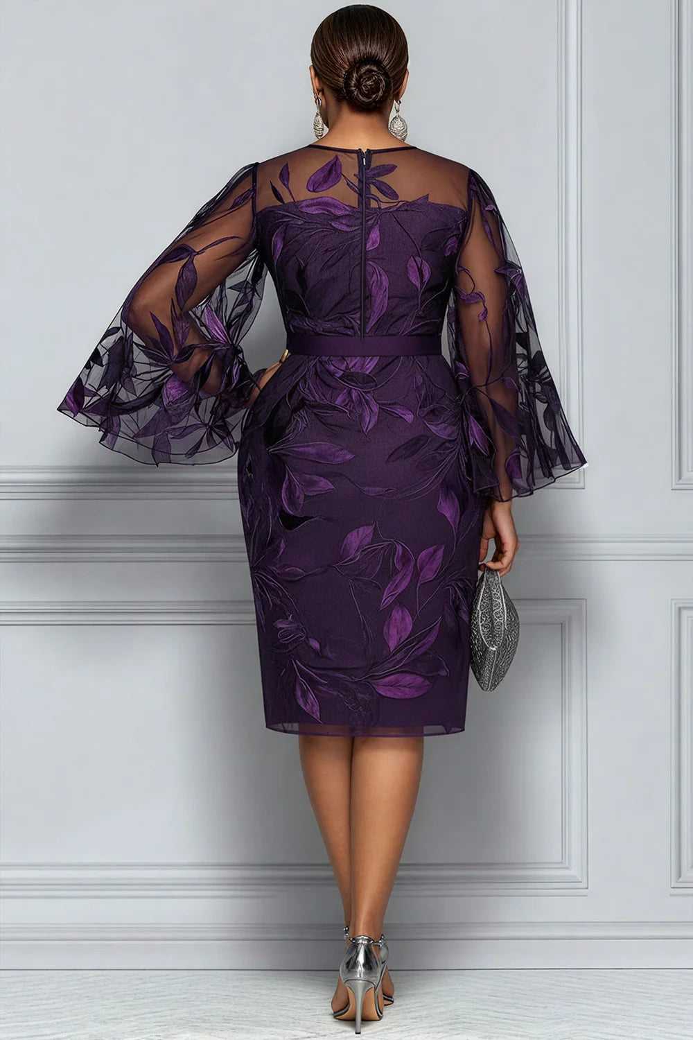 FZ Women's Plus Size Lace Round Neck Flare Long Sleeve Midi Dress