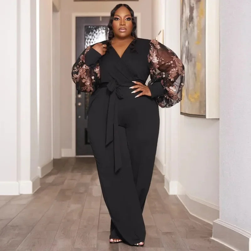 FZ Women's Plus Size Floral Puff Long Mesh Sleeve Wide Leg Straight Jumpsuit