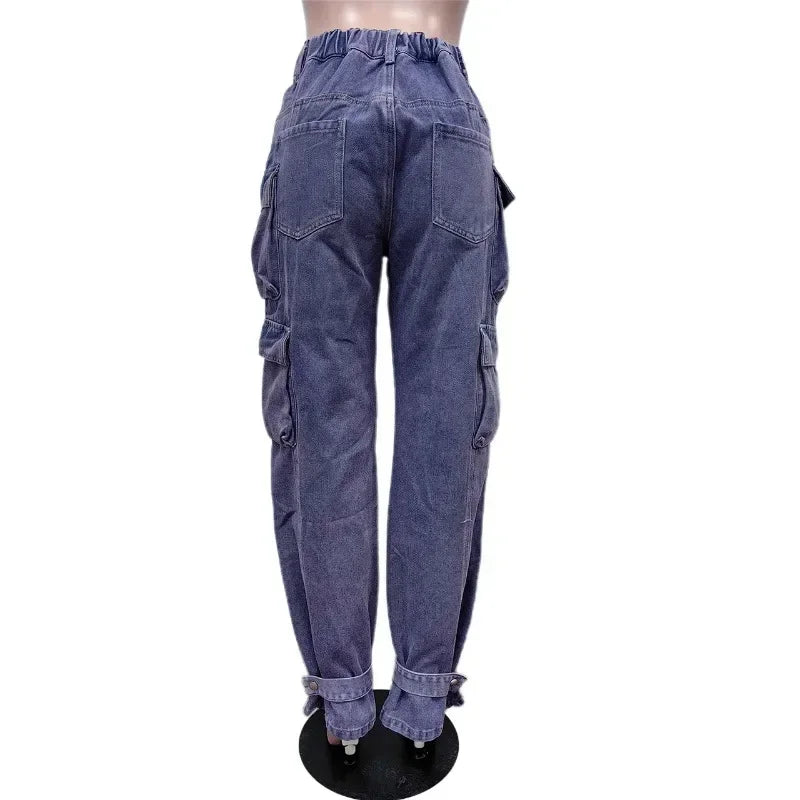 FZ Women's Fashion Elastic High Waist Button Fly Denim Cargo Pants - FZwear
