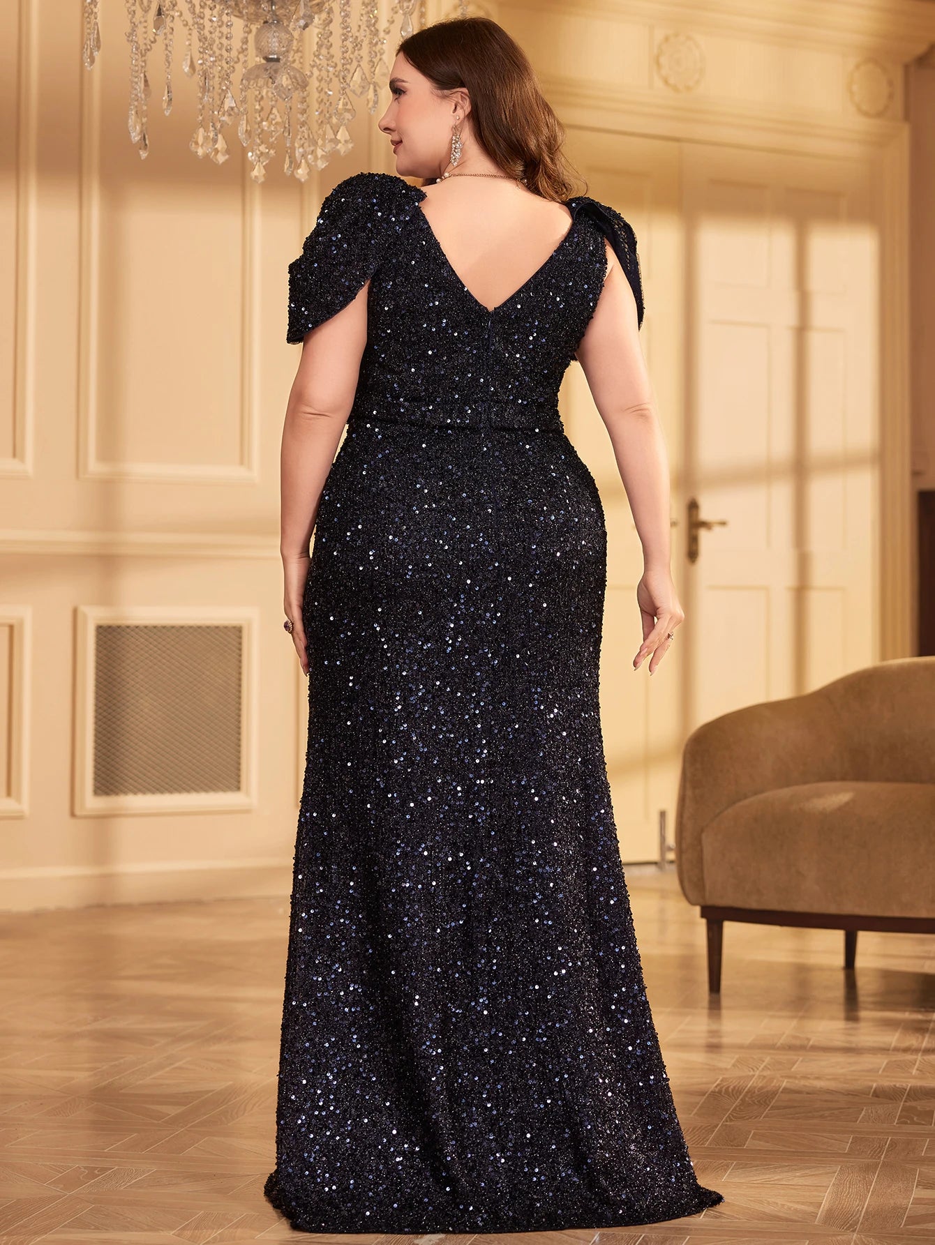 FZ Women's Plus Size V-Neck Short Sleeve Glitter Evening Dress