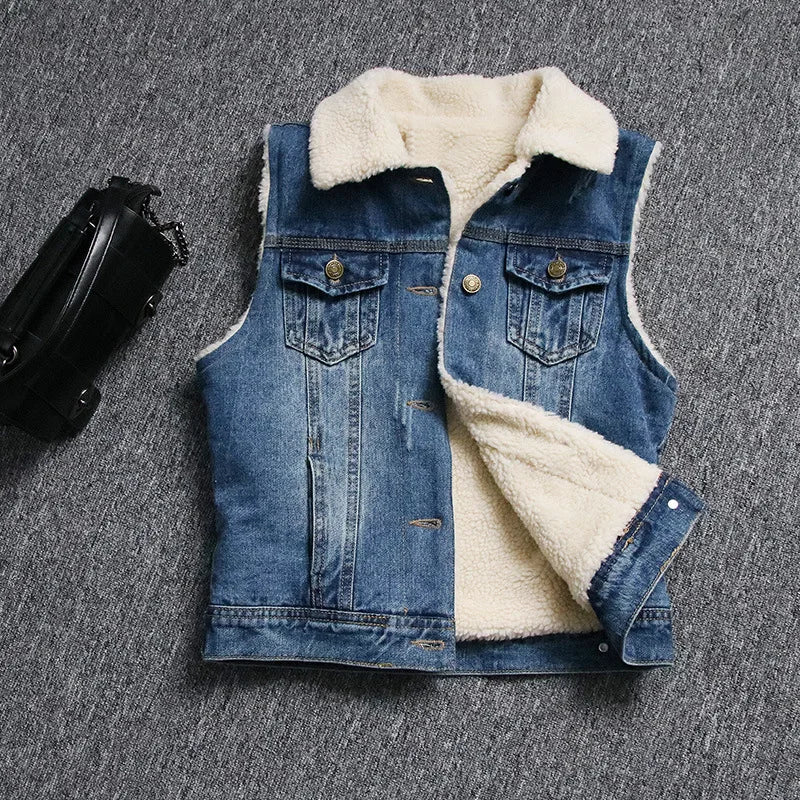 FZ Women's Slim Fit Lamb Fur Thickened Sleeveless Denim Jacket