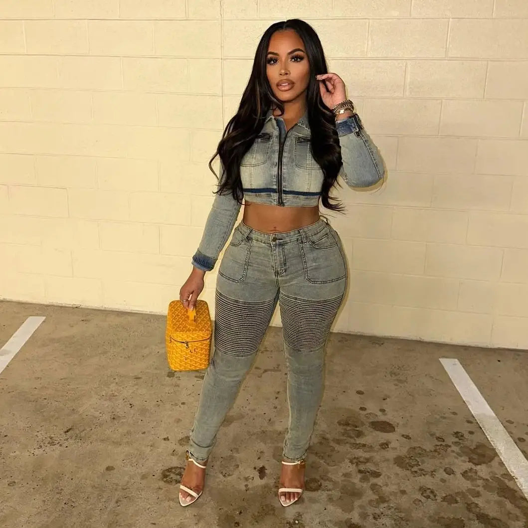 FZ Women's Y2K Streetwear Pencil Two Piece Denim Pants Suit