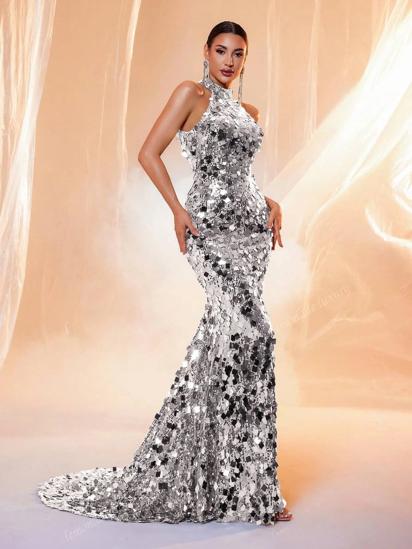 FZ Women's Halter Neck Sequin Backless Maxi Evening Dress