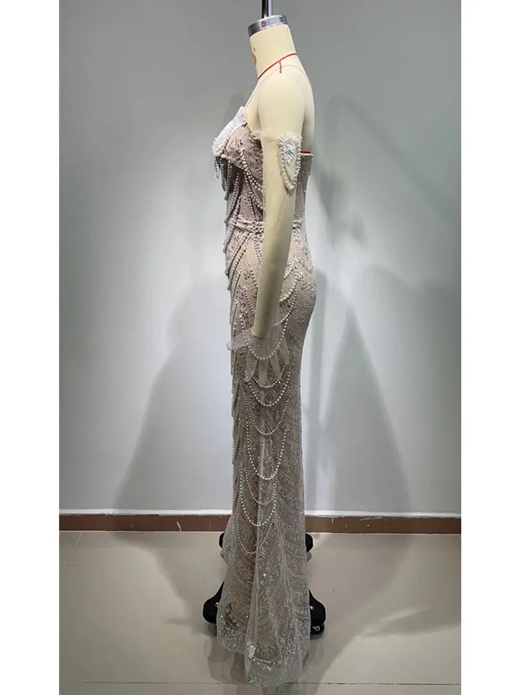 FZ Women's Luxury Sexy Strapless Backless Pearl Sequins Evening Dress - FZwear