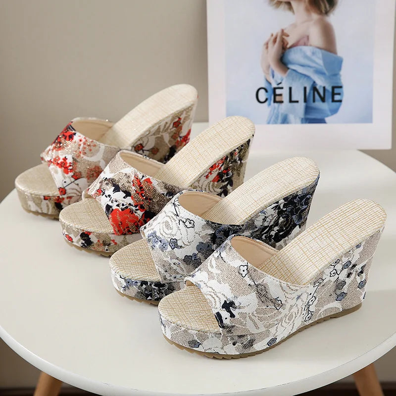 FZ Women's Platform Embroidered Fish Mouth High Heel Wedge Shoes