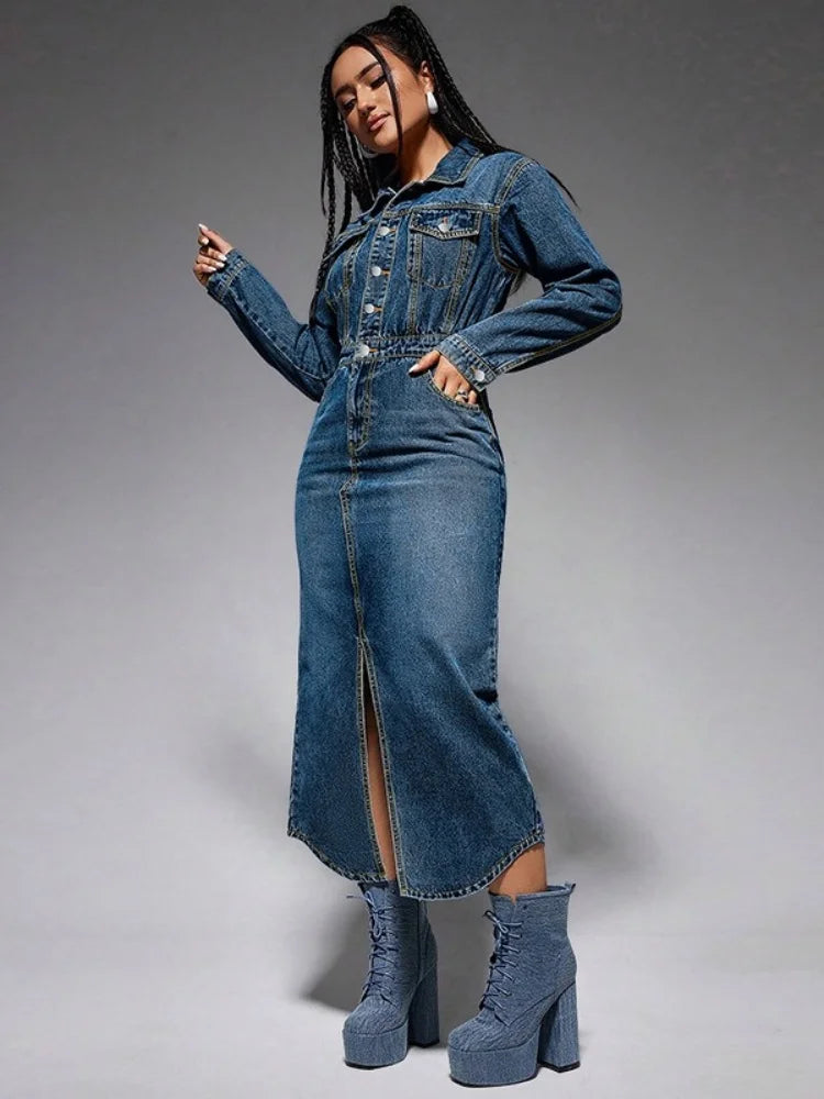 FZ Women's Long Sleeve Maxi Streetwear Denim Dress