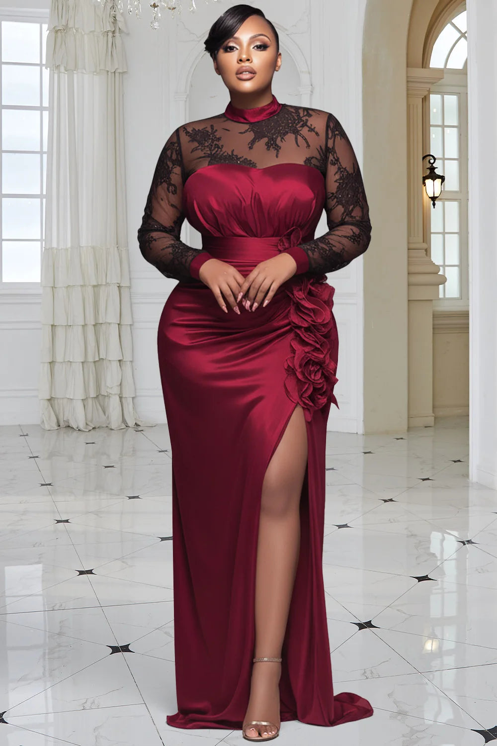 FZ Women's Plus Size Mock Neck Long Sleeve 3D Elegant Split Satin Lace Maxi Dress